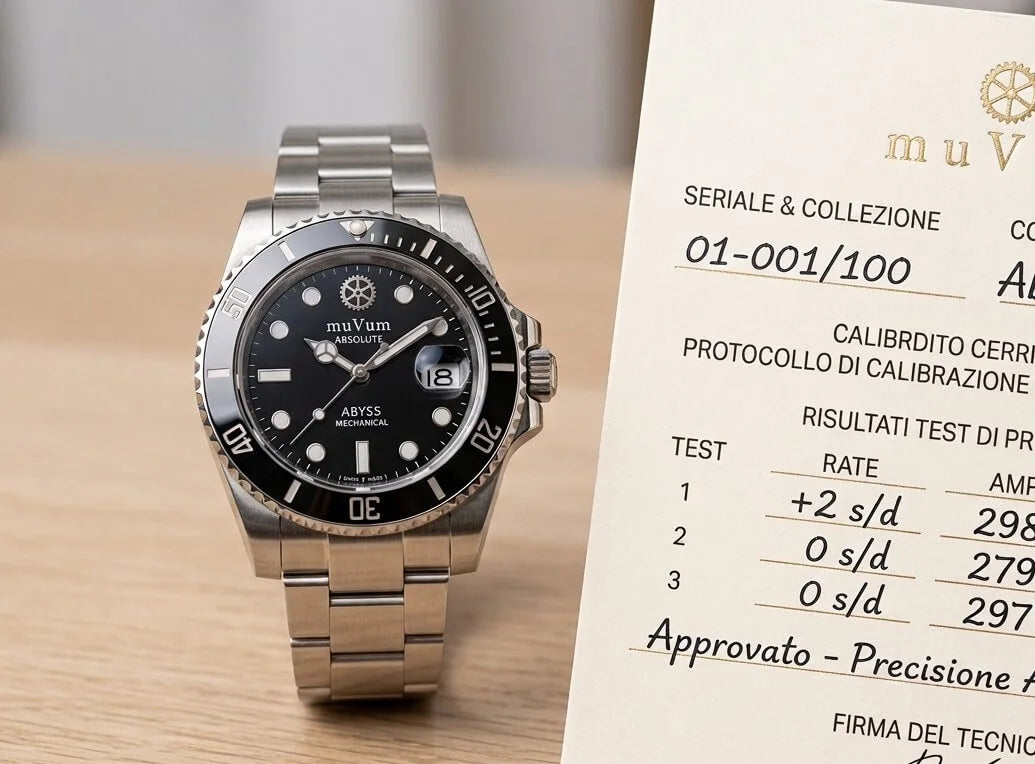 Orologio subacqueo muVum ABYSS con bracciale in acciaio accanto alla scheda dei test di calibrazione